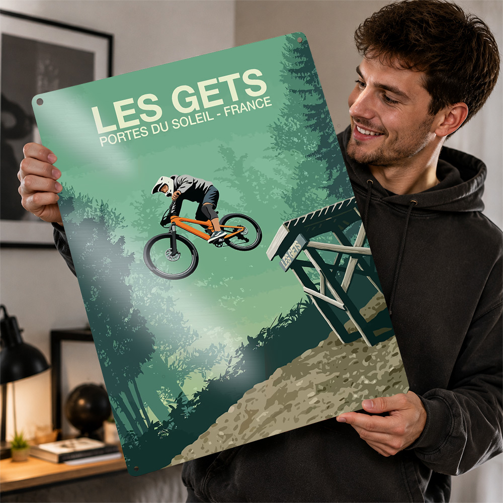 Mountain Biking Europe - โปสเตอร์พิมพ์ลายจักรยานเสือภูเขากระโดดของ Les Gets ศิลปะติดผนังสไตล์เรโทร สำหรับโรงรถ ป้ายโลหะอะลูมิเนียมสั่งทำพิเศษ
